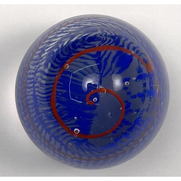 3.5" Egg Shaped Hand Blown Art Glass PAPERWEIGHT Red Spiral Blue Lattice Heavy - Picture 5 of 5